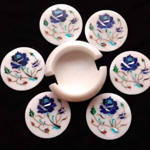 Set Sottobicchieri In Marmo ArtEra Con Pietre Semipreziose – 6 Pezzi Diametro 12,7 Cm, Verde, Con Supporto E Coperchio, Fatto A Mano