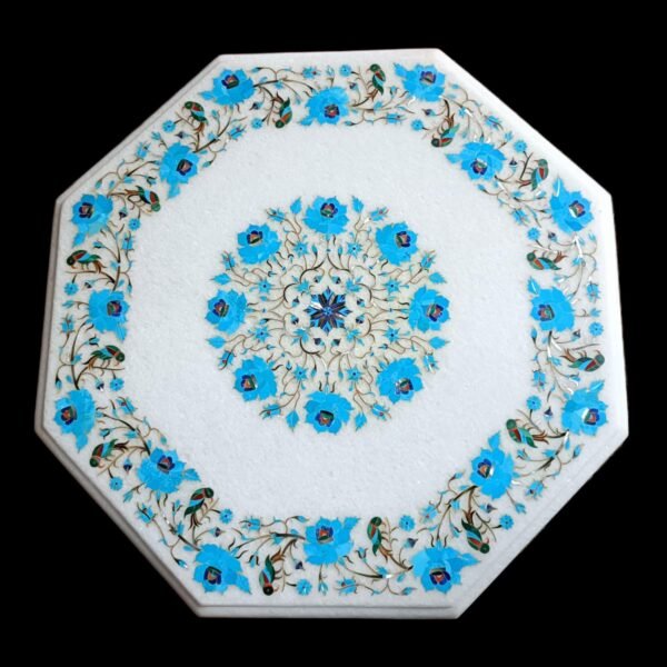 ArtEra Handcrafted Handmade Marble Inlay Tabletop with Floral Design – 20" Octagonal Pietra Dura Artwork Inlaid with semi-Precious Stones (Turqoise, 20 INCHES)