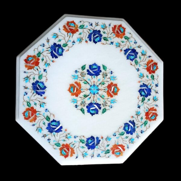 ArtEra Handcrafted Handmade Marble Inlay Tabletop with Floral Design – 15" Octagonal Pietra Dura Artwork Inlaid with semi-Precious Stones (Multicolor, 15 INCHES)