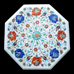 ArtEra Handcrafted Handmade Elegant Marble Inlay Tabletop with Floral Design – 15" Octagonal Pietra Dura Artwork Inlaid with semi-Precious Stones (Multicolor, 15 INCHES)