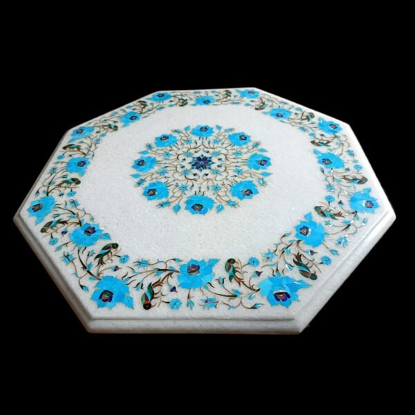 ArtEra Handcrafted Handmade Marble Inlay Tabletop with Floral Design – 20" Octagonal Pietra Dura Artwork Inlaid with semi-Precious Stones (Turqoise, 20 INCHES)