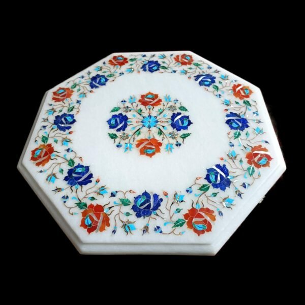 ArtEra Handcrafted Handmade Marble Inlay Tabletop with Floral Design – 15" Octagonal Pietra Dura Artwork Inlaid with semi-Precious Stones (Multicolor, 15 INCHES)