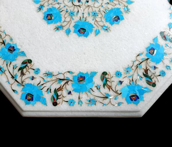 ArtEra Handcrafted Handmade Marble Inlay Tabletop with Floral Design – 20" Octagonal Pietra Dura Artwork Inlaid with semi-Precious Stones (Turqoise, 20 INCHES)