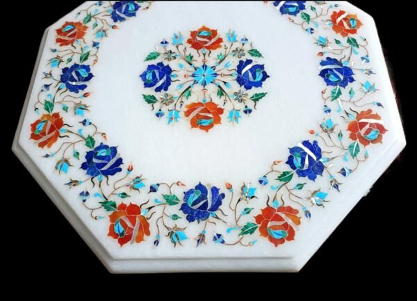ArtEra Handcrafted Handmade Marble Inlay Tabletop with Floral Design – 15" Octagonal Pietra Dura Artwork Inlaid with semi-Precious Stones (Multicolor, 15 INCHES)