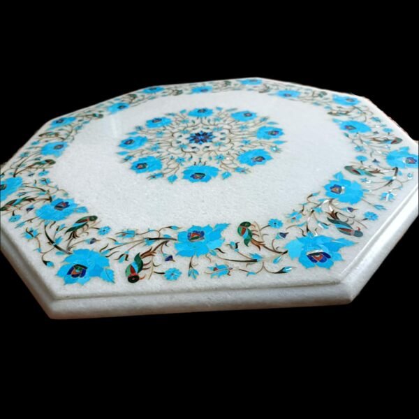 ArtEra Handcrafted Handmade Marble Inlay Tabletop with Floral Design – 20" Octagonal Pietra Dura Artwork Inlaid with semi-Precious Stones (Turqoise, 20 INCHES)